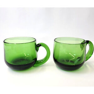 Green Hand Blown Glass Mugs Set Of 2 Art Glass Unmarked Cups Contemporary